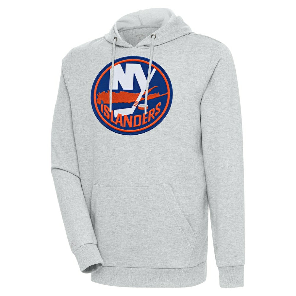 New York Islanders Antigua Logo Action Chenille Pullover Hoodie - Heather Gray Hoodies