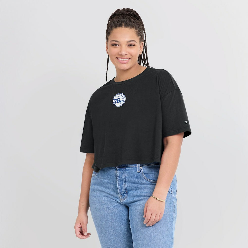 Philadelphia 76ers Women's Elements Super Soft Boxy Cropped T-Shirt - Black on sale