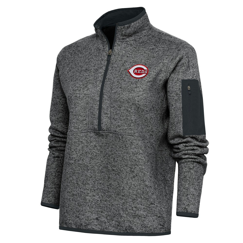 Cincinnati Reds Antigua Women's Logo Fortune Quarter-Zip Pullover Jacket Heather Charcoal