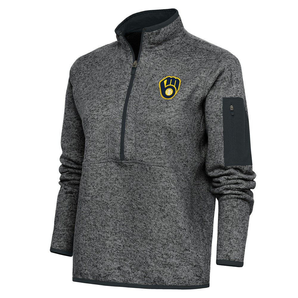 Milwaukee Brewers Antigua Women's Logo Fortune Quarter-Zip Pullover Jacket Heather Charcoal