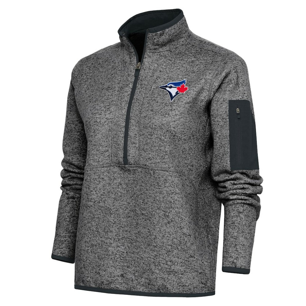 Toronto Blue Jays Antigua Women's Logo Fortune Quarter-Zip Pullover Jacket Heather Charcoal