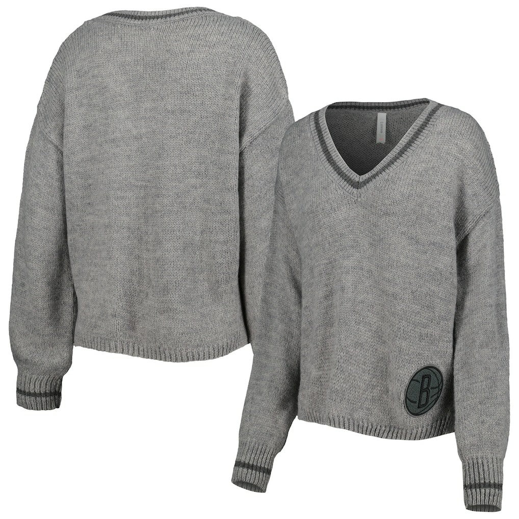 Brooklyn Nets Lusso Women's Scarletts Lantern Sleeve Tri-Blend V-Neck Pullover Sweater - Gray on sale