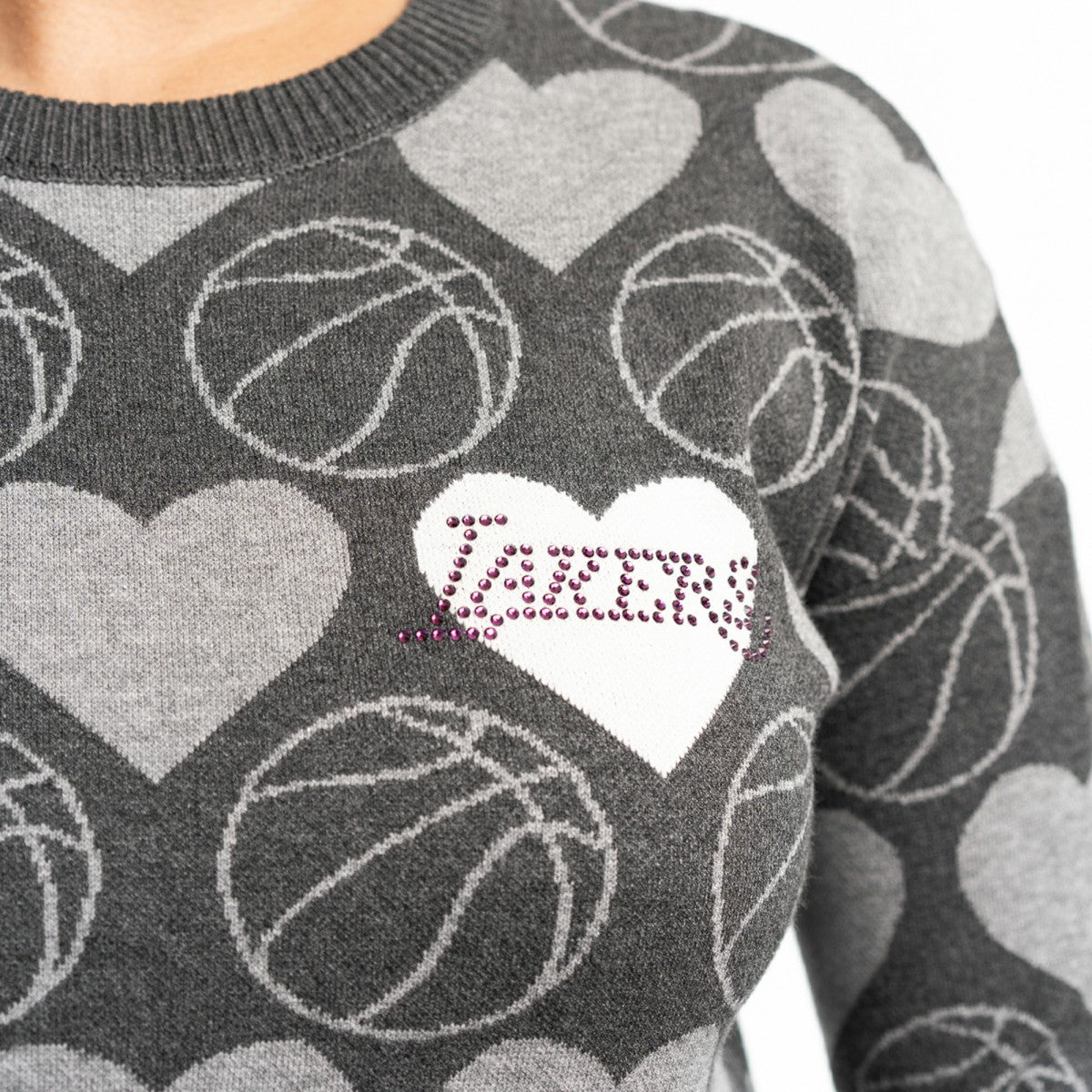 Los Angeles Lakers Lusso Women's Basketball Love Swarovski Crystal Intarsia Pullover Sweater - Charcoal discount