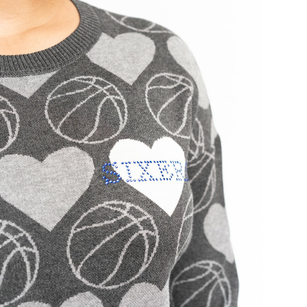 Philadelphia 76ers Lusso Women's Basketball Love Swarovski Crystal Intarsia Pullover Sweater - Charcoal for sale