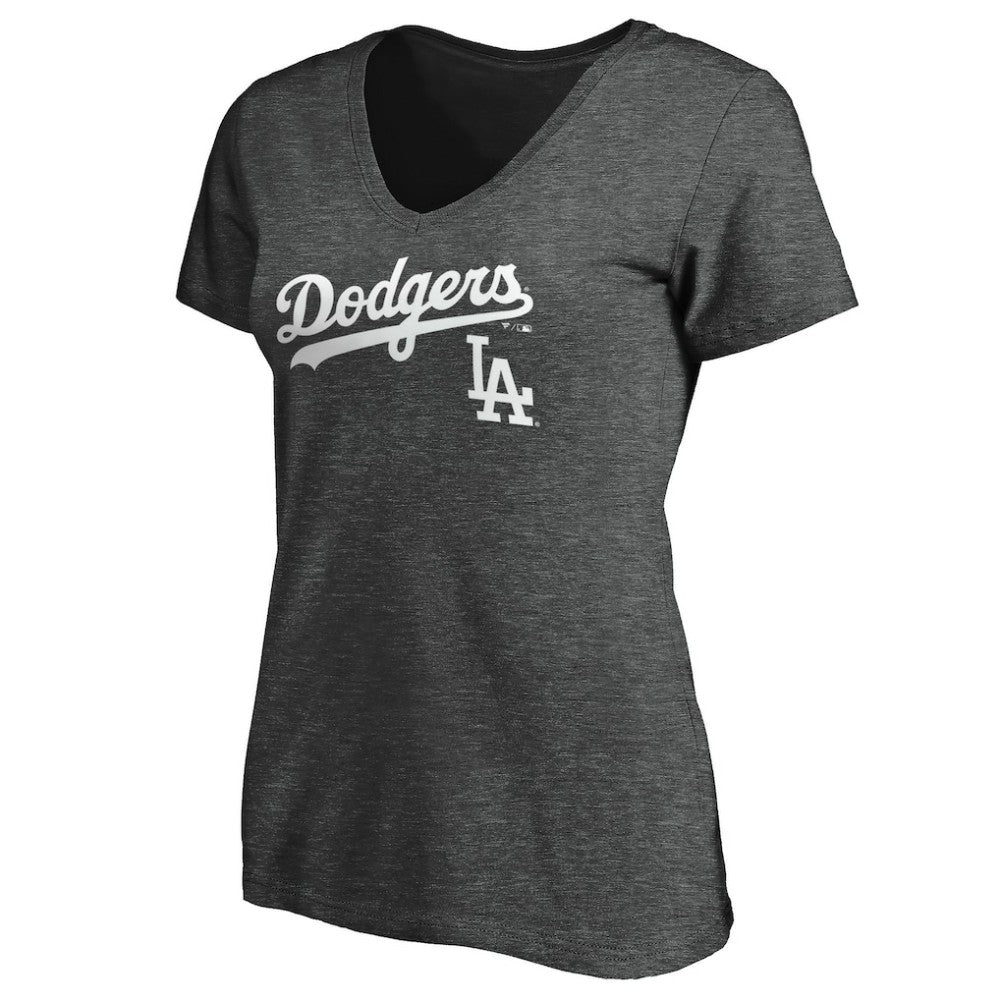 Los Angeles Dodgers Women's Team Lockup V-Neck T-Shirt Charcoal