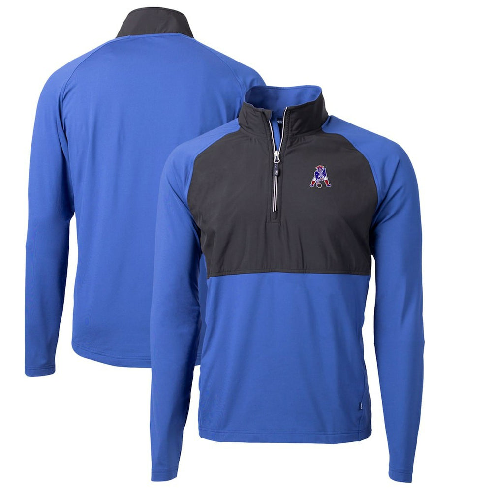 New England Patriots Cutter & Buck Adapt Eco Knit Hybrid Recycled Quarter-Zip Throwback Pullover Top - Royal/Black for sale