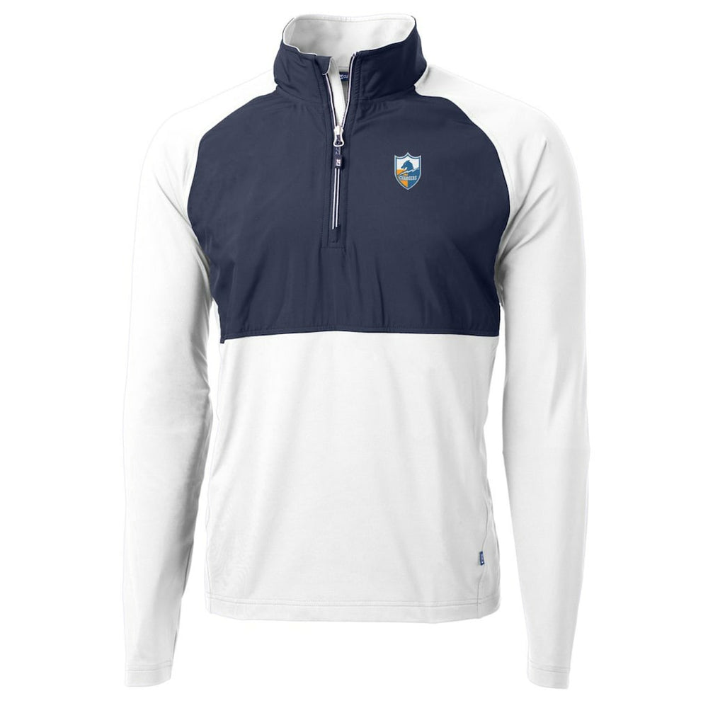 Los Angeles Chargers Cutter & Buck Adapt Eco Knit Hybrid Recycled Quarter-Zip Throwback Pullover Top - White/Navy for sale