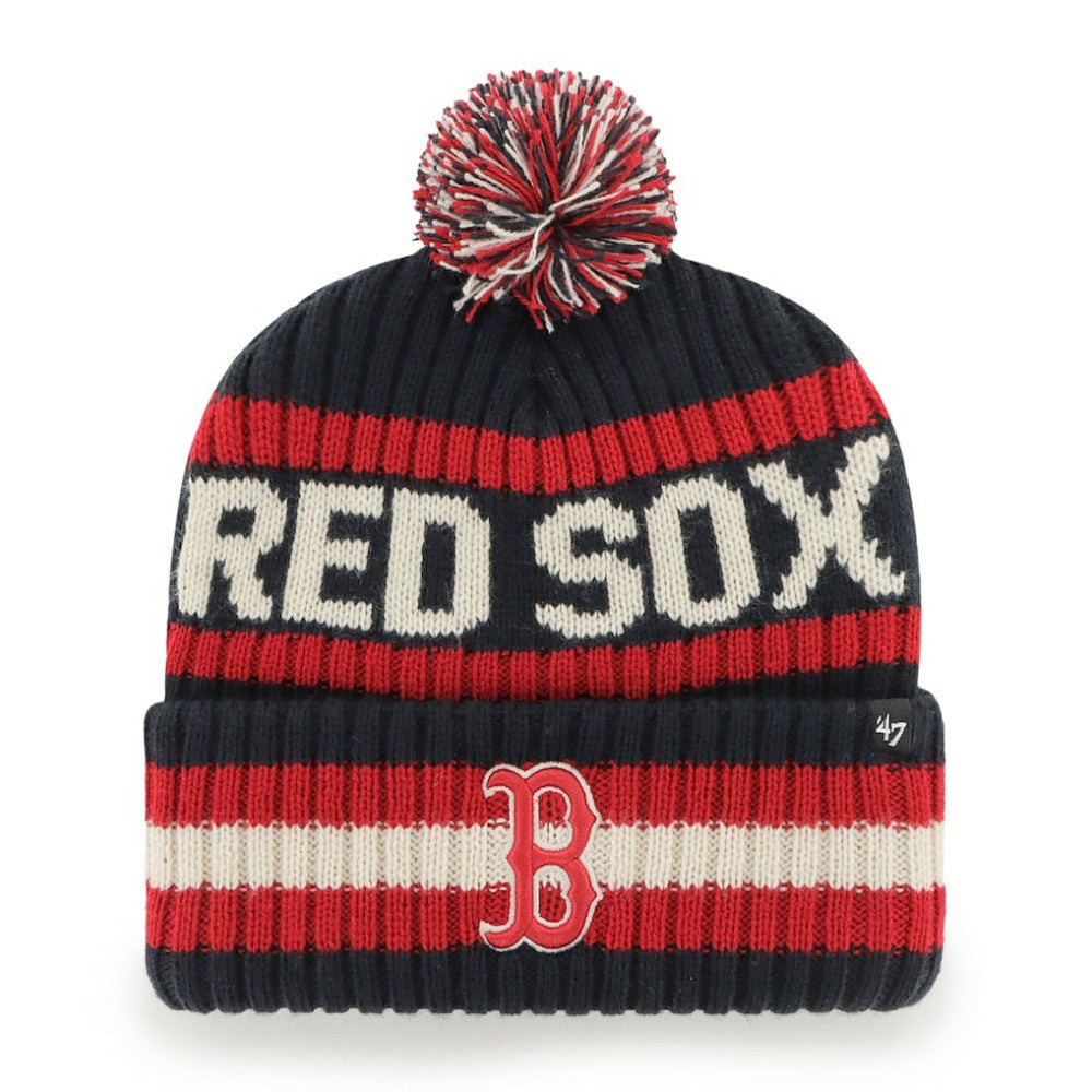 Boston Red Sox Primary Team Logo Bering Pom Top Cuff Knit Hat Navy