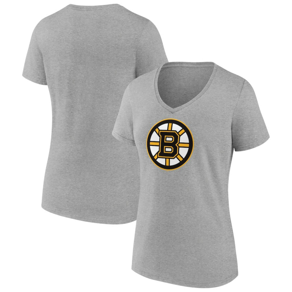 Boston Bruins Women's Primary Logo Team V-Neck T-Shirt - Heather Gray T-shirts