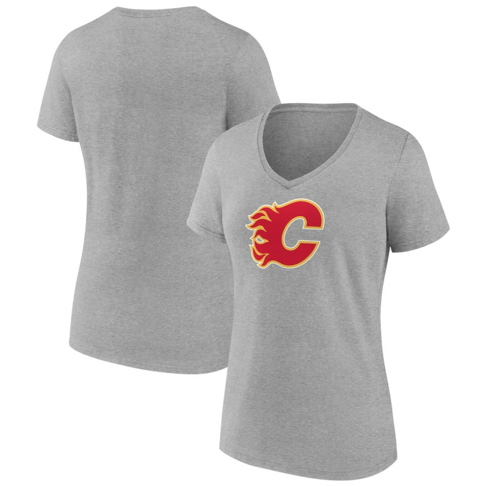 Calgary Flames Women's Primary Logo Team V-Neck T-Shirt - Heather Gray T-shirts