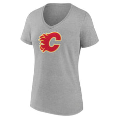 Calgary Flames Women's Primary Logo Team V-Neck T-Shirt - Heather Gray T-shirts