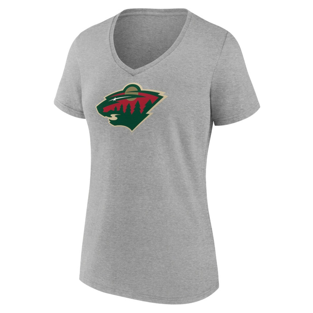 Minnesota Wild Women's Primary Logo Team V-Neck T-Shirt - Heather Gray T-shirts