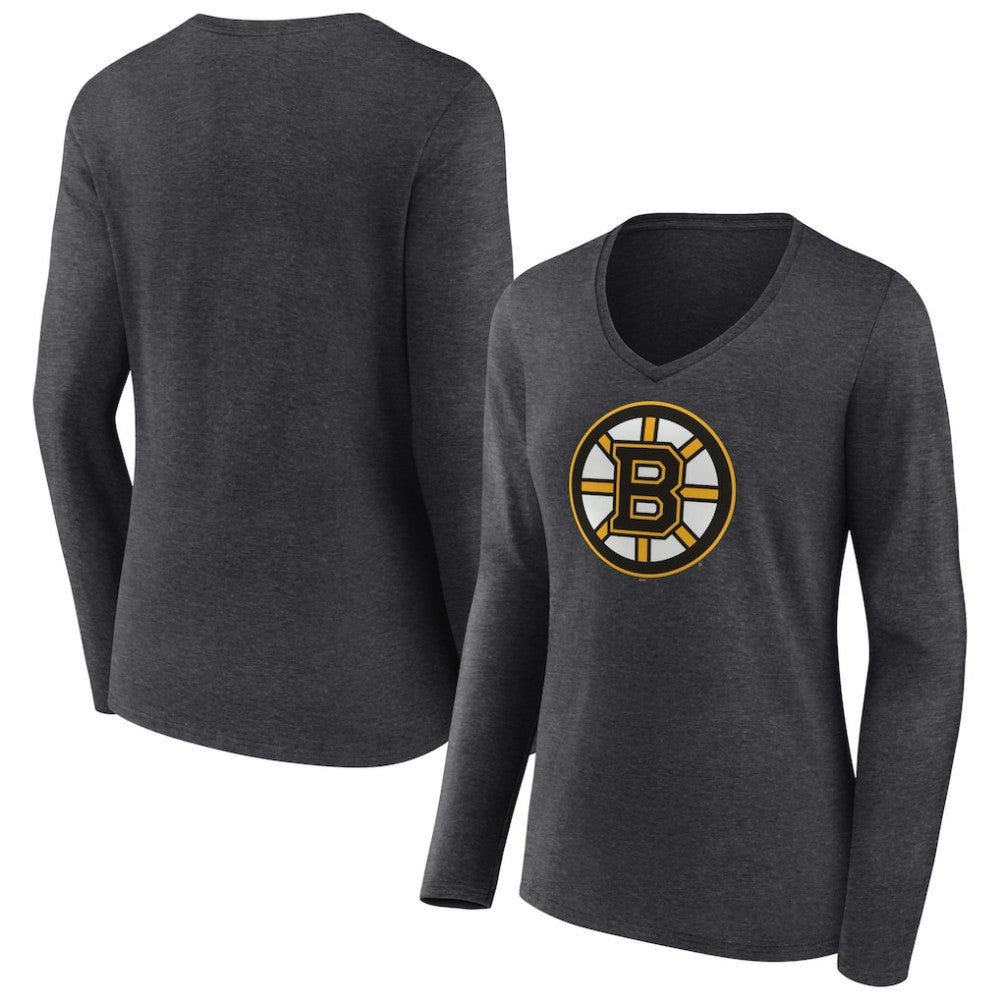 Boston Bruins Women's Primary Team Logo Long Sleeve V-Neck T-Shirt - Heather Charcoal T-shirts