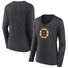 Boston Bruins Women's Primary Team Logo Long Sleeve V-Neck T-Shirt - Heather Charcoal T-shirts