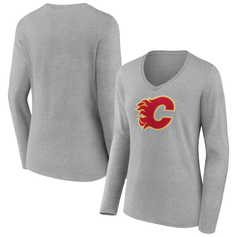 Calgary Flames Women's Primary Logo Team Long Sleeve V-Neck T-Shirt - Heather Gray T-shirts