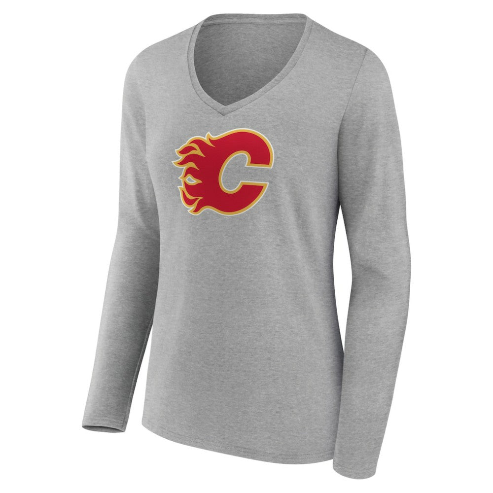 Calgary Flames Women's Primary Logo Team Long Sleeve V-Neck T-Shirt - Heather Gray T-shirts