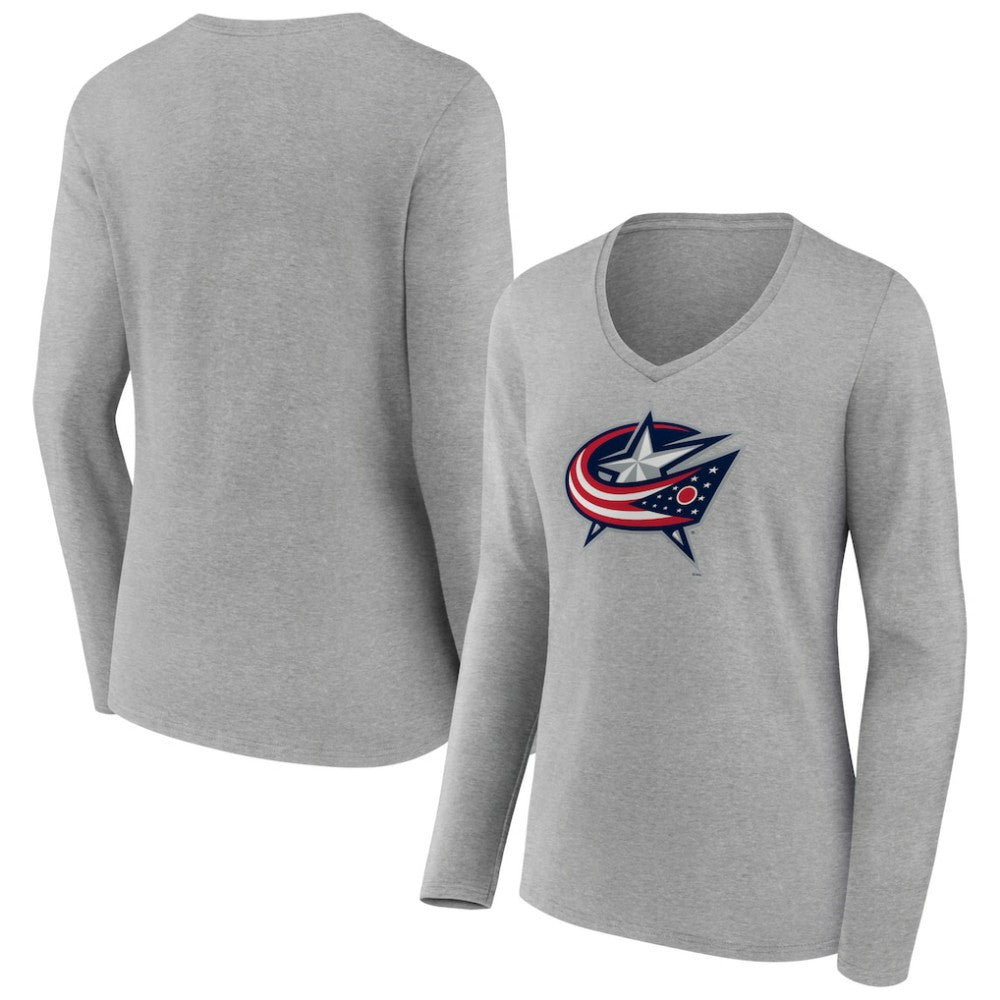 Columbus Blue Jackets Women's Primary Logo Team Long Sleeve V-Neck T-Shirt - Heather Gray T-shirts
