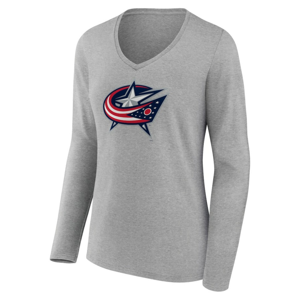 Columbus Blue Jackets Women's Primary Logo Team Long Sleeve V-Neck T-Shirt - Heather Gray T-shirts