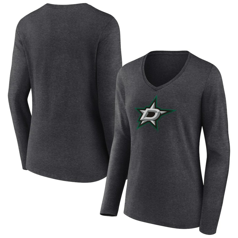 Dallas Stars Women's Primary Team Logo Long Sleeve V-Neck T-Shirt - Heather Charcoal T-shirts