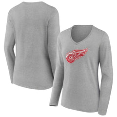 Detroit Red Wings Women's Primary Logo Team Long Sleeve V-Neck T-Shirt - Heather Gray T-shirts
