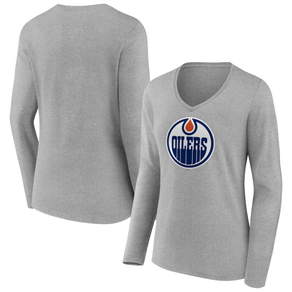 Edmonton Oilers Women's Primary Logo Team Long Sleeve V-Neck T-Shirt - Heather Gray T-shirts