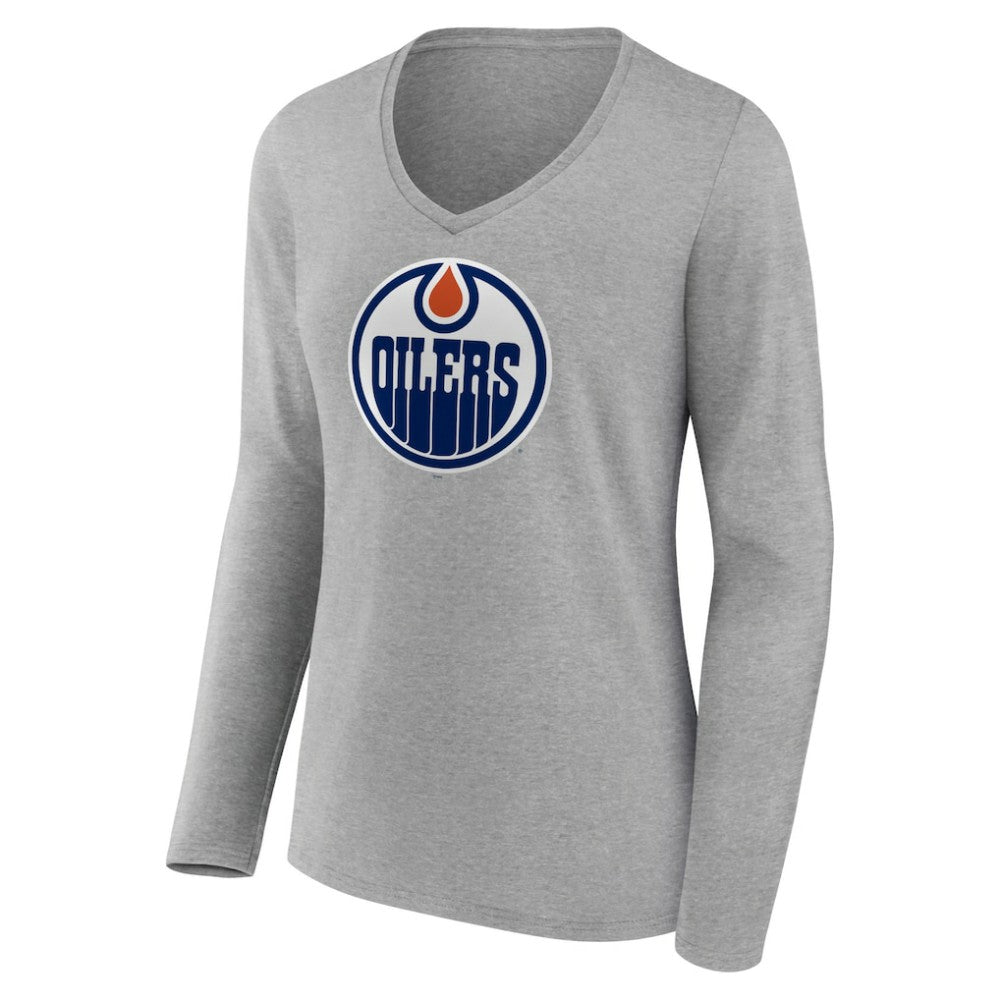 Edmonton Oilers Women's Primary Logo Team Long Sleeve V-Neck T-Shirt - Heather Gray T-shirts