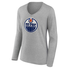 Edmonton Oilers Women's Primary Logo Team Long Sleeve V-Neck T-Shirt - Heather Gray T-shirts