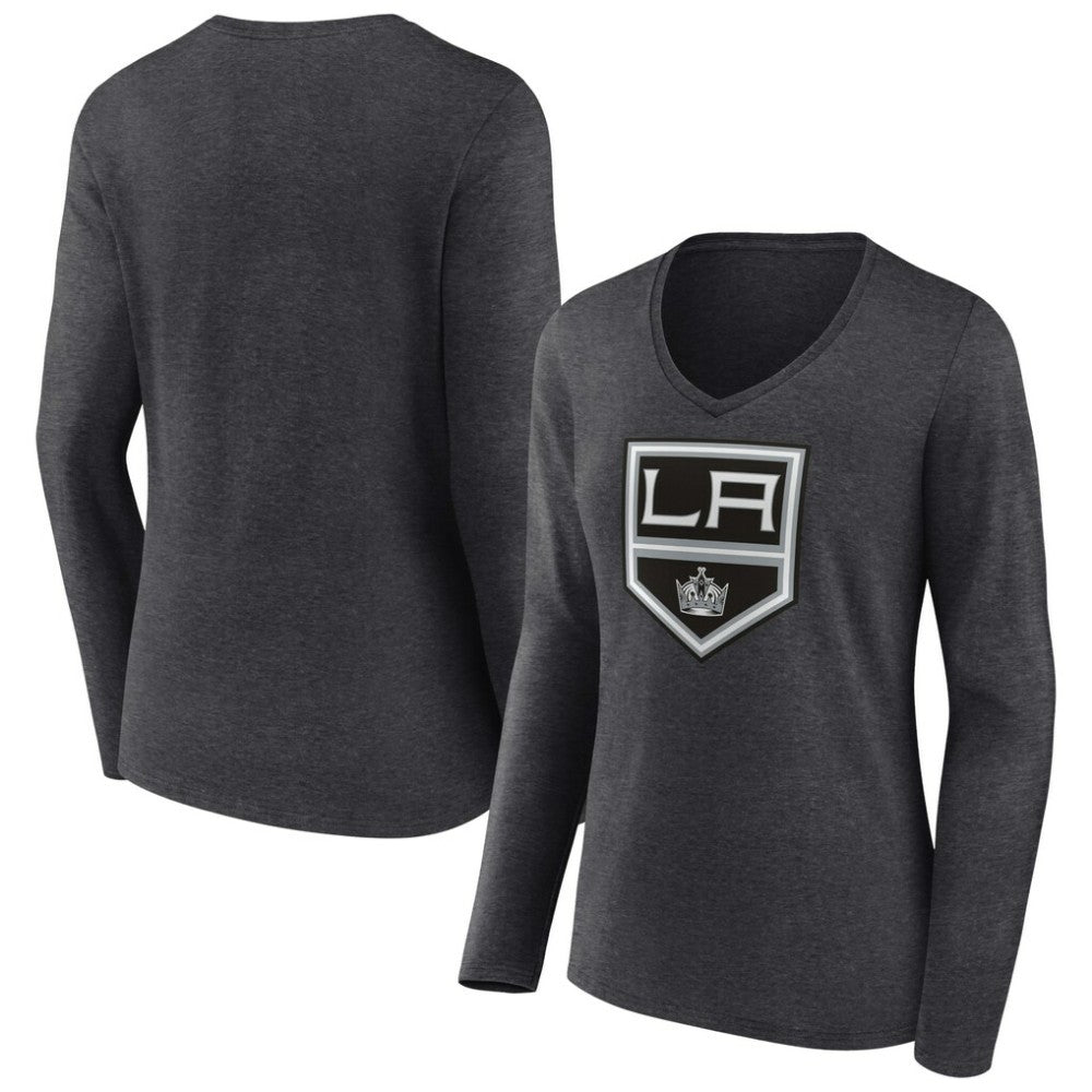 Los Angeles Kings Women's Primary Team Logo Long Sleeve V-Neck T-Shirt - Heather Charcoal T-shirts