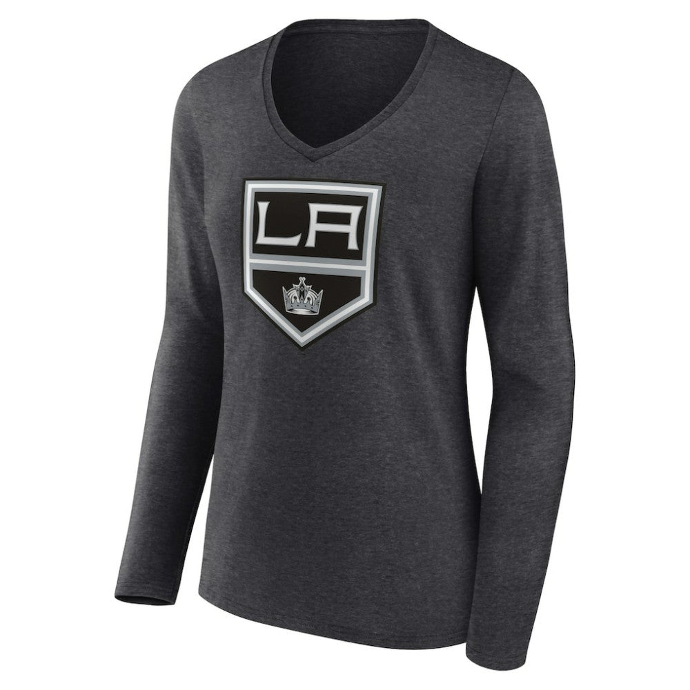 Los Angeles Kings Women's Primary Team Logo Long Sleeve V-Neck T-Shirt - Heather Charcoal T-shirts