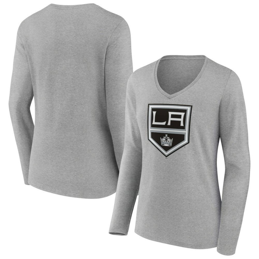Los Angeles Kings Women's Primary Logo Team Long Sleeve V-Neck T-Shirt - Heather Gray T-shirts