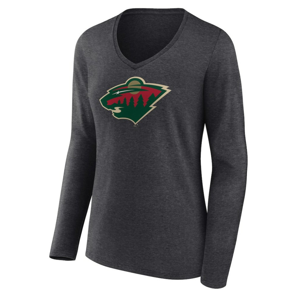 Minnesota Wild Women's Primary Team Logo Long Sleeve V-Neck T-Shirt - Heather Charcoal T-shirts