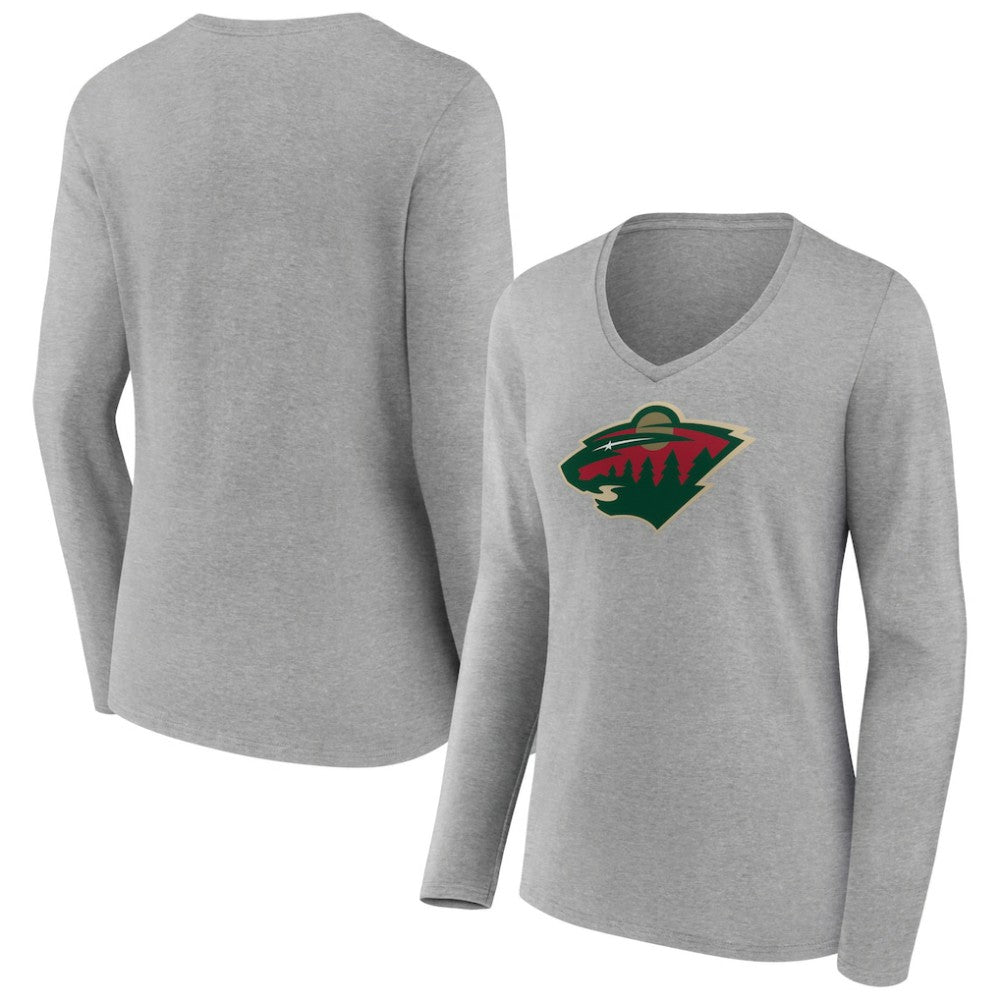 Minnesota Wild Women's Primary Logo Team Long Sleeve V-Neck T-Shirt - Heather Gray T-shirts