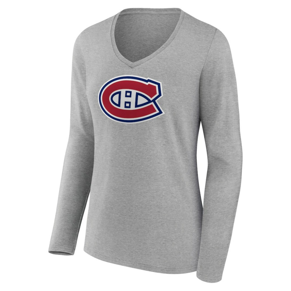Montreal Canadiens Women's Primary Logo Team Long Sleeve V-Neck T-Shirt - Heather Gray T-shirts