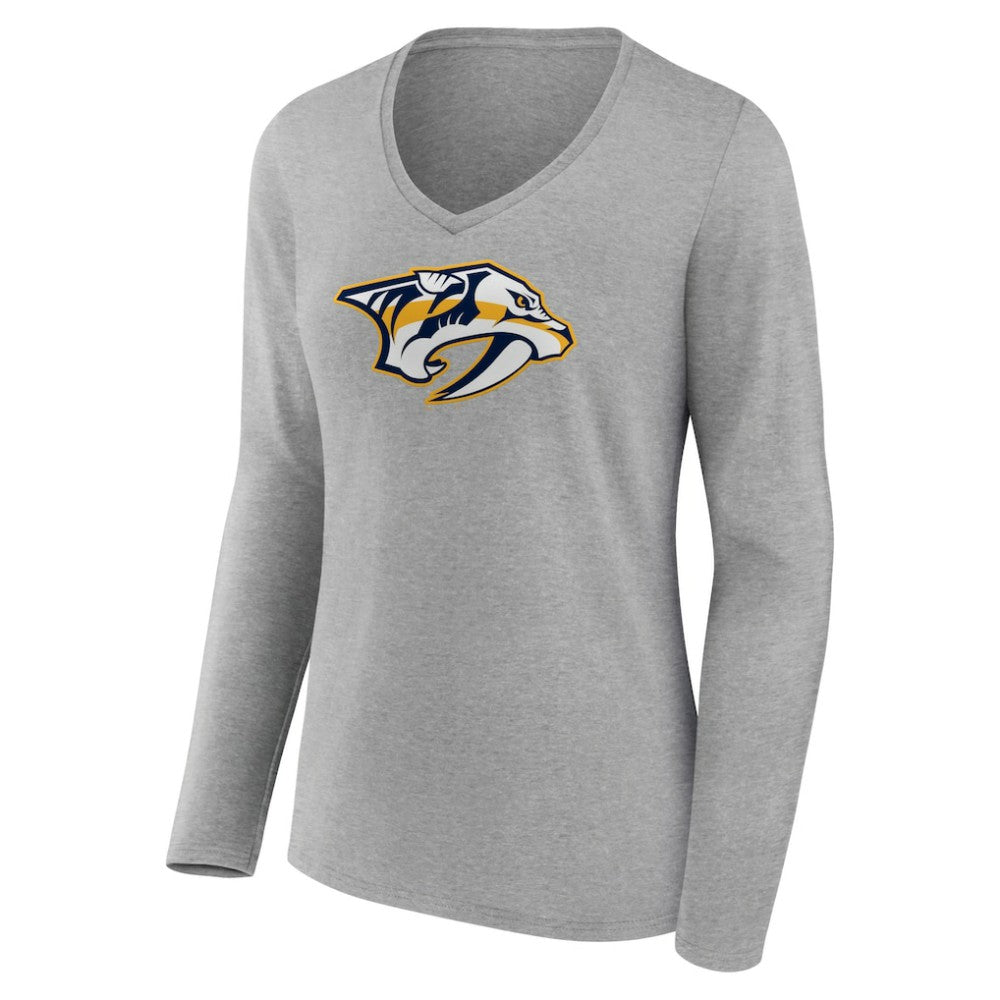 Nashville Predators Women's Primary Logo Team Long Sleeve V-Neck T-Shirt - Heather Gray T-shirts