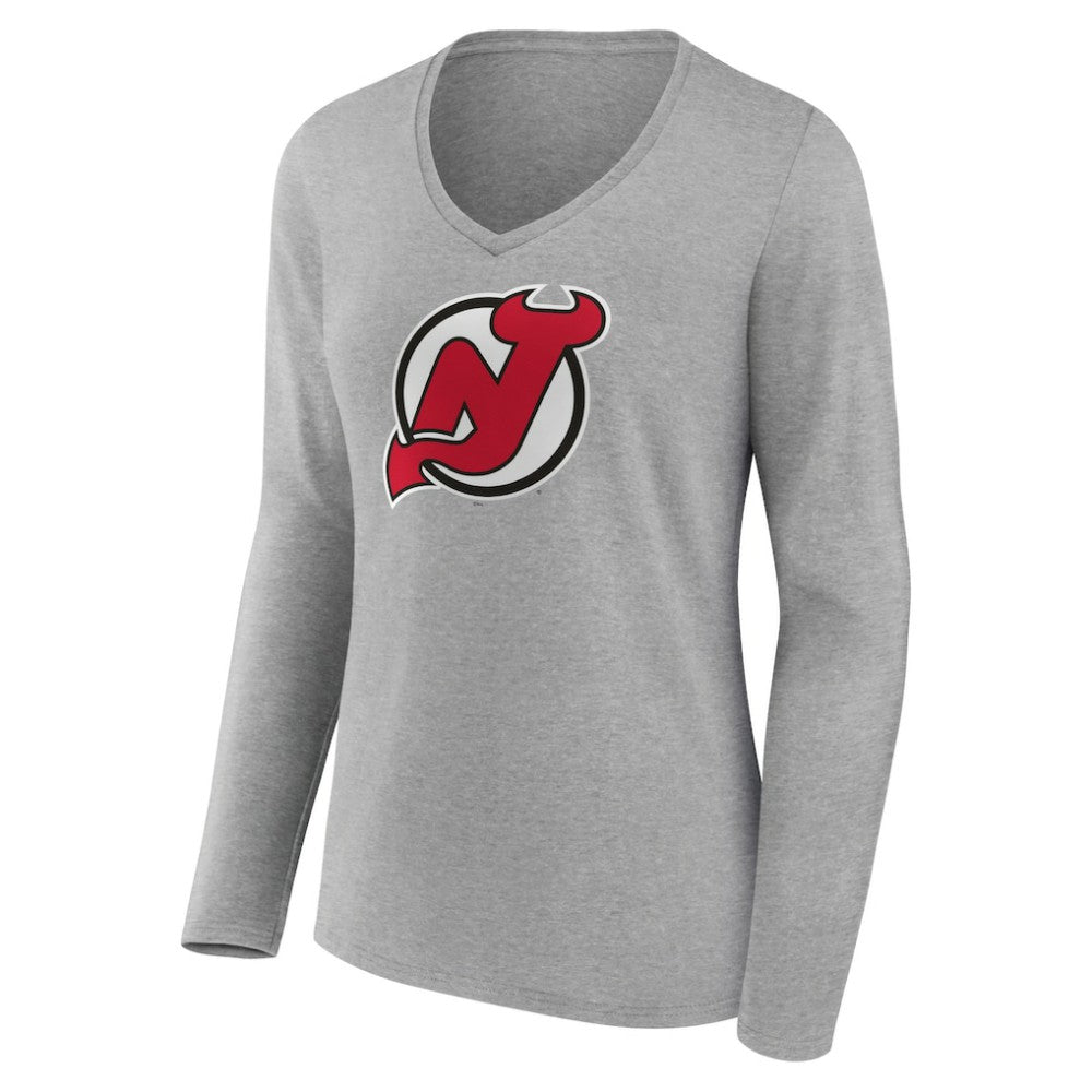 New Jersey Devils Women's Primary Logo Team Long Sleeve V-Neck T-Shirt - Heather Gray T-shirts
