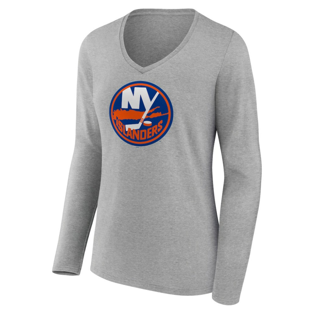 New York Islanders Women's Primary Logo Team Long Sleeve V-Neck T-Shirt - Heather Gray T-shirts