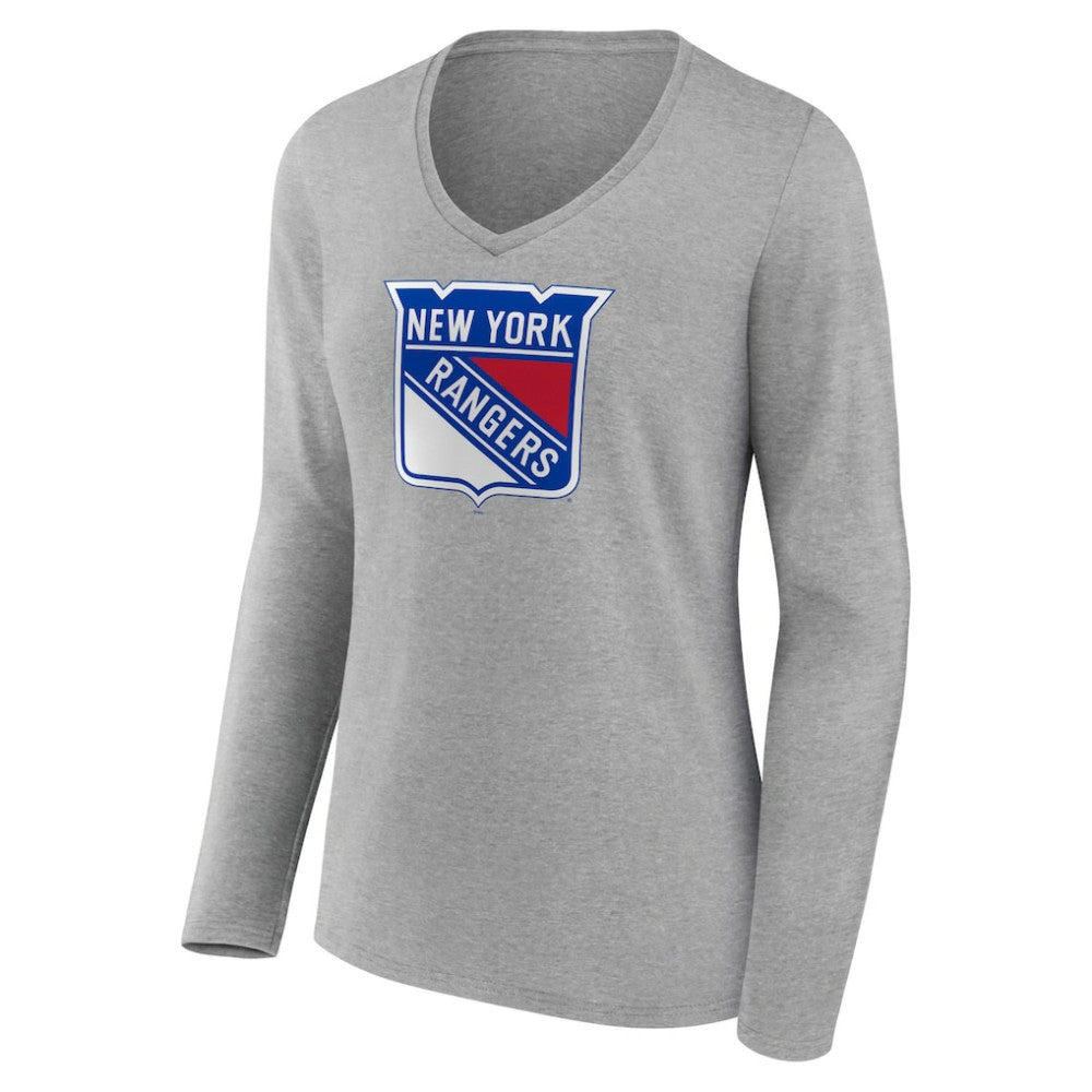 New York Rangers Women's Primary Logo Team Long Sleeve V-Neck T-Shirt - Heather Gray T-shirts