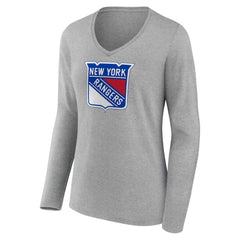 New York Rangers Women's Primary Logo Team Long Sleeve V-Neck T-Shirt - Heather Gray T-shirts