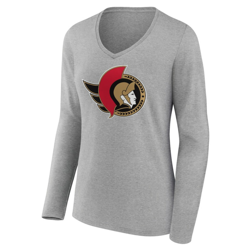 Ottawa Senators Women's Primary Logo Team Long Sleeve V-Neck T-Shirt - Heather Gray T-shirts