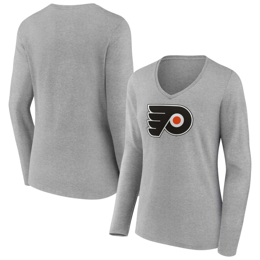 Philadelphia Flyers Women's Primary Logo Team Long Sleeve V-Neck T-Shirt - Heather Gray T-shirts