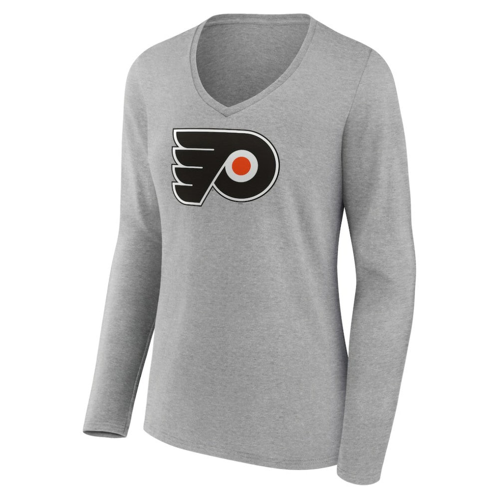Philadelphia Flyers Women's Primary Logo Team Long Sleeve V-Neck T-Shirt - Heather Gray T-shirts