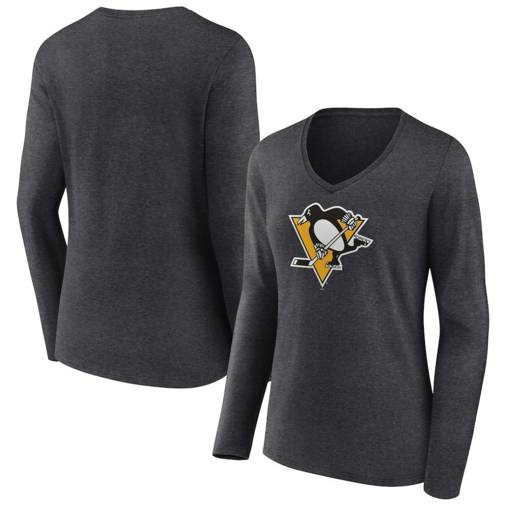 Pittsburgh Penguins Women's Primary Team Logo Long Sleeve V-Neck T-Shirt - Heather Charcoal T-shirts