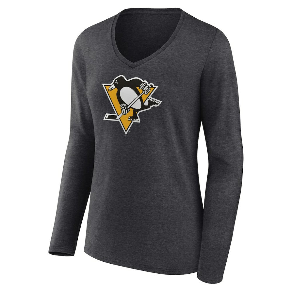 Pittsburgh Penguins Women's Primary Team Logo Long Sleeve V-Neck T-Shirt - Heather Charcoal T-shirts