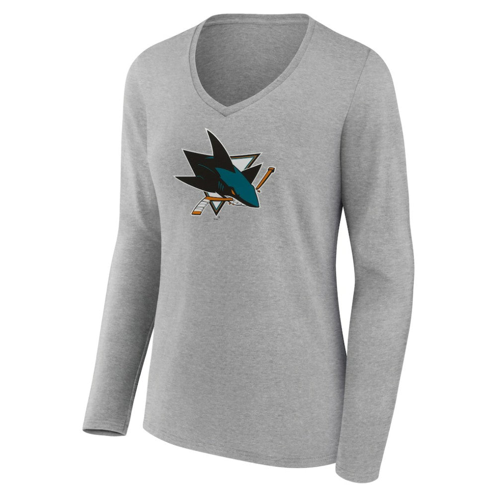 San Jose Sharks Women's Primary Logo Team Long Sleeve V-Neck T-Shirt - Heather Gray T-shirts