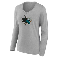 San Jose Sharks Women's Primary Logo Team Long Sleeve V-Neck T-Shirt - Heather Gray T-shirts