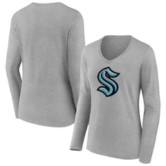 Seattle Kraken Women's Primary Logo Team Long Sleeve V-Neck T-Shirt - Heather Gray T-shirts