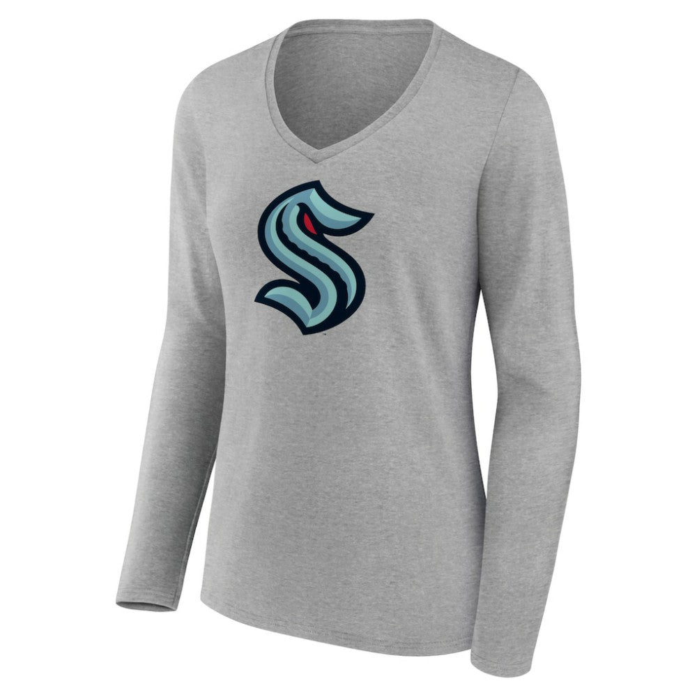 Seattle Kraken Women's Primary Logo Team Long Sleeve V-Neck T-Shirt - Heather Gray T-shirts