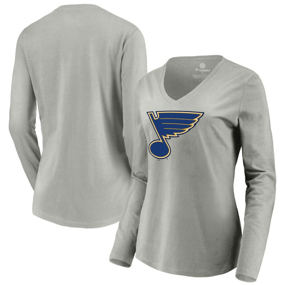 St. Louis Blues Women's Primary Logo Team Long Sleeve V-Neck T-Shirt - Heather Gray T-shirts