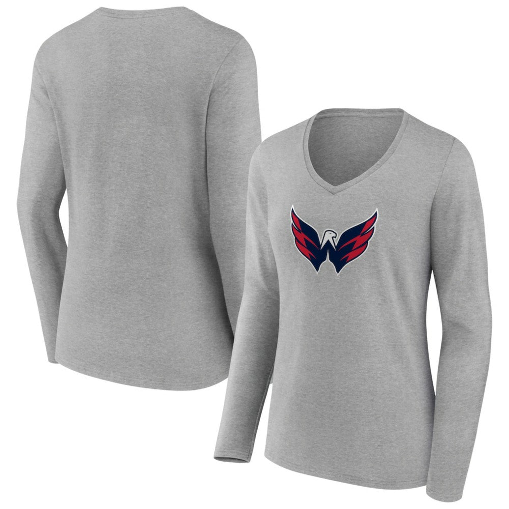 Washington Capitals Women's Primary Logo Team Long Sleeve V-Neck T-Shirt - Heather Gray T-shirts
