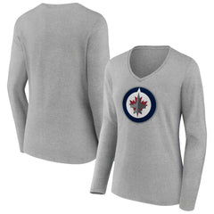 Winnipeg Jets Women's Primary Logo Team Long Sleeve V-Neck T-Shirt - Heather Gray T-shirts